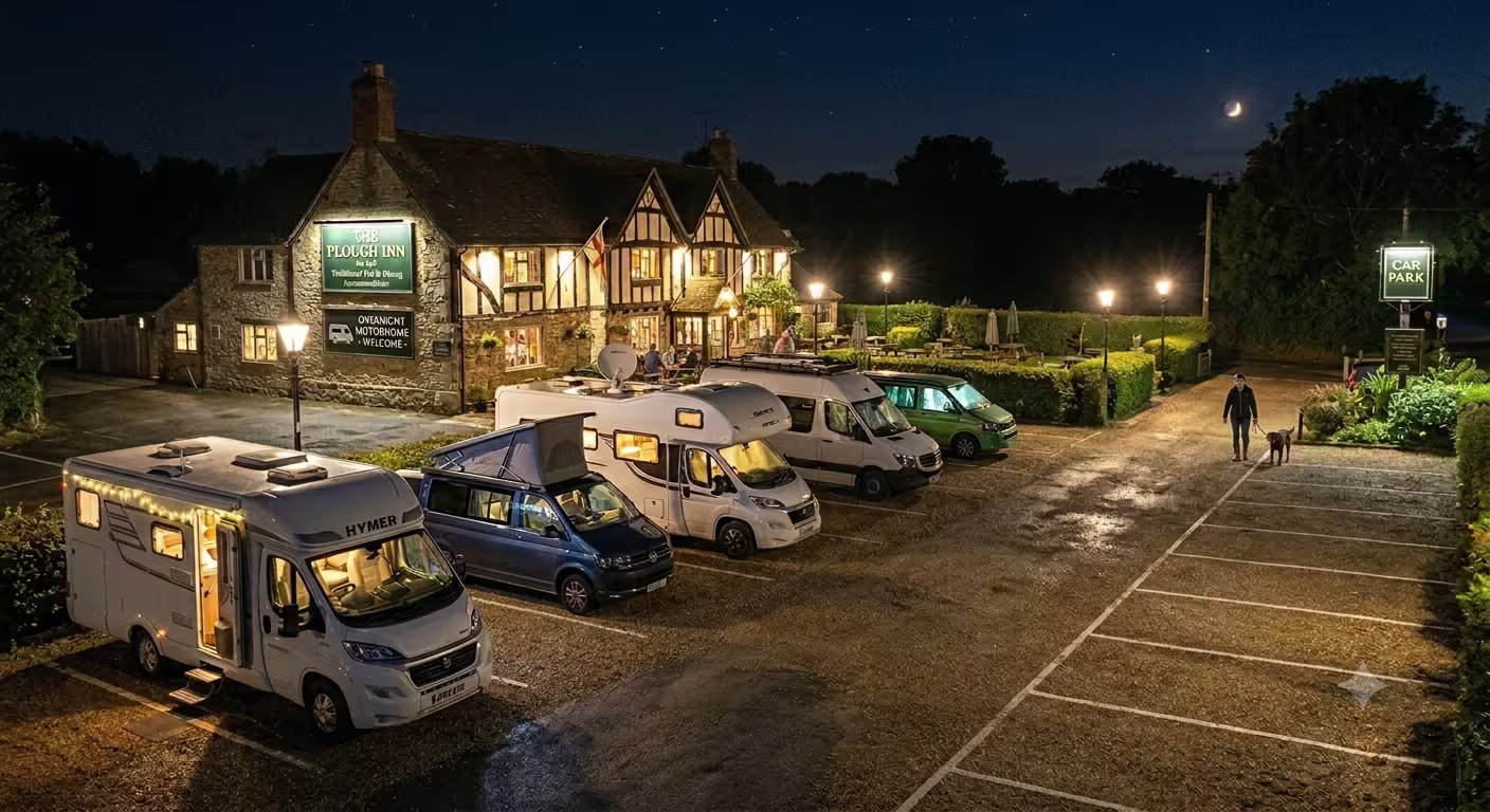 Motorhomes and Vans parked up at cozy traditional pub