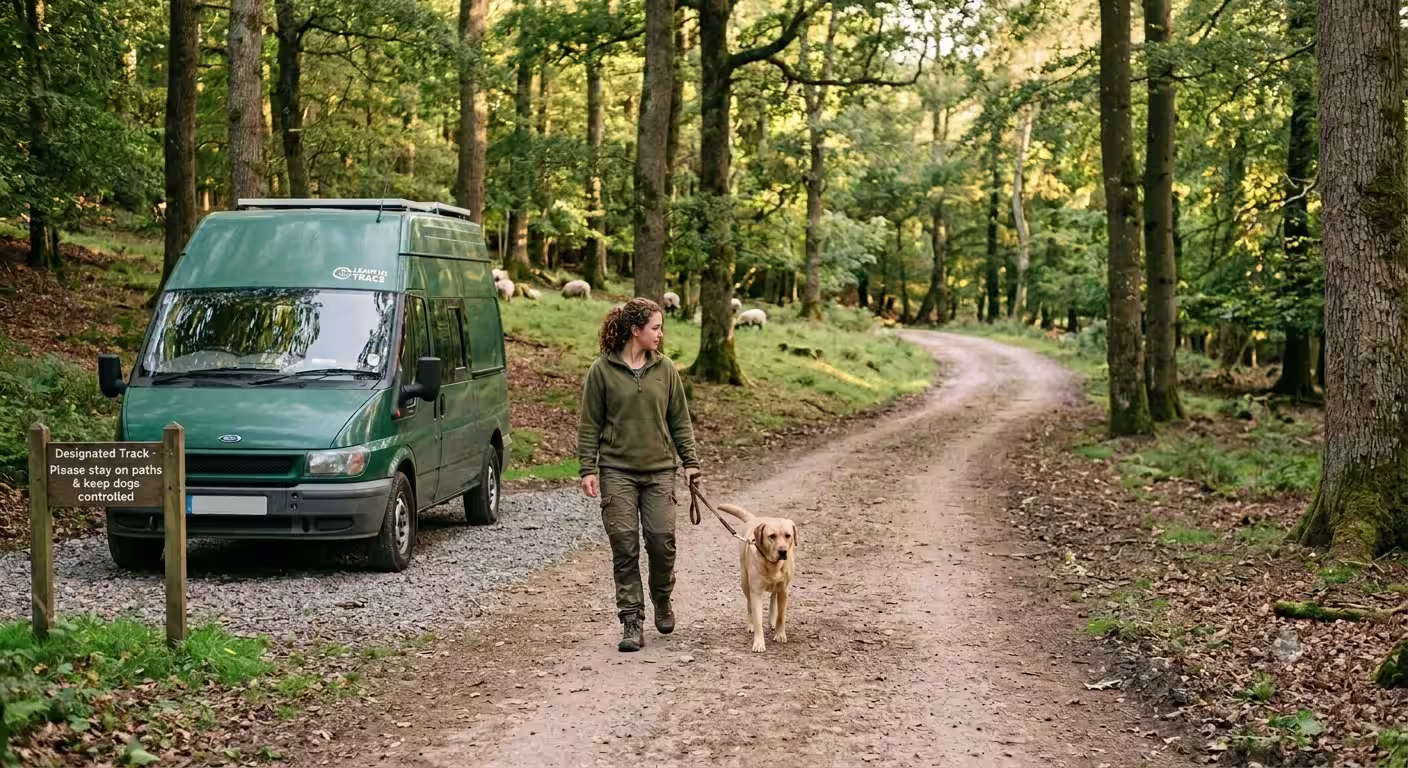A camper van parked responsibly with a clean, clear outdoor setup